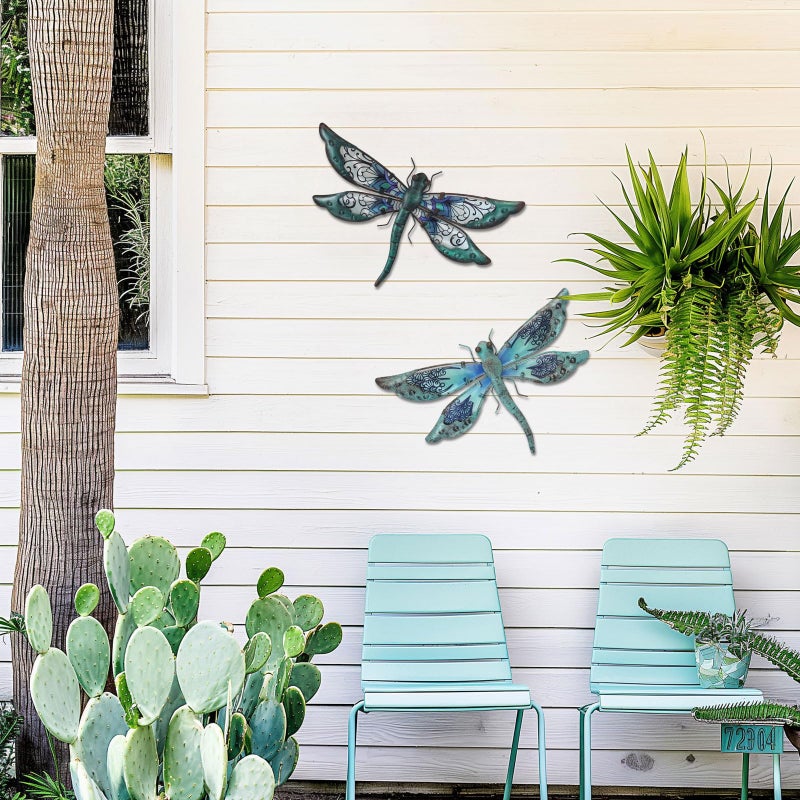 LIFFY Glass Metal Dragonfly Wall Decor a Pair - Outdoor Dragonfly Wall Art - Hanging Metal Dragonfly Decor for Garden and Home Decor - Dragonfly Gifts for Women - Image 3
